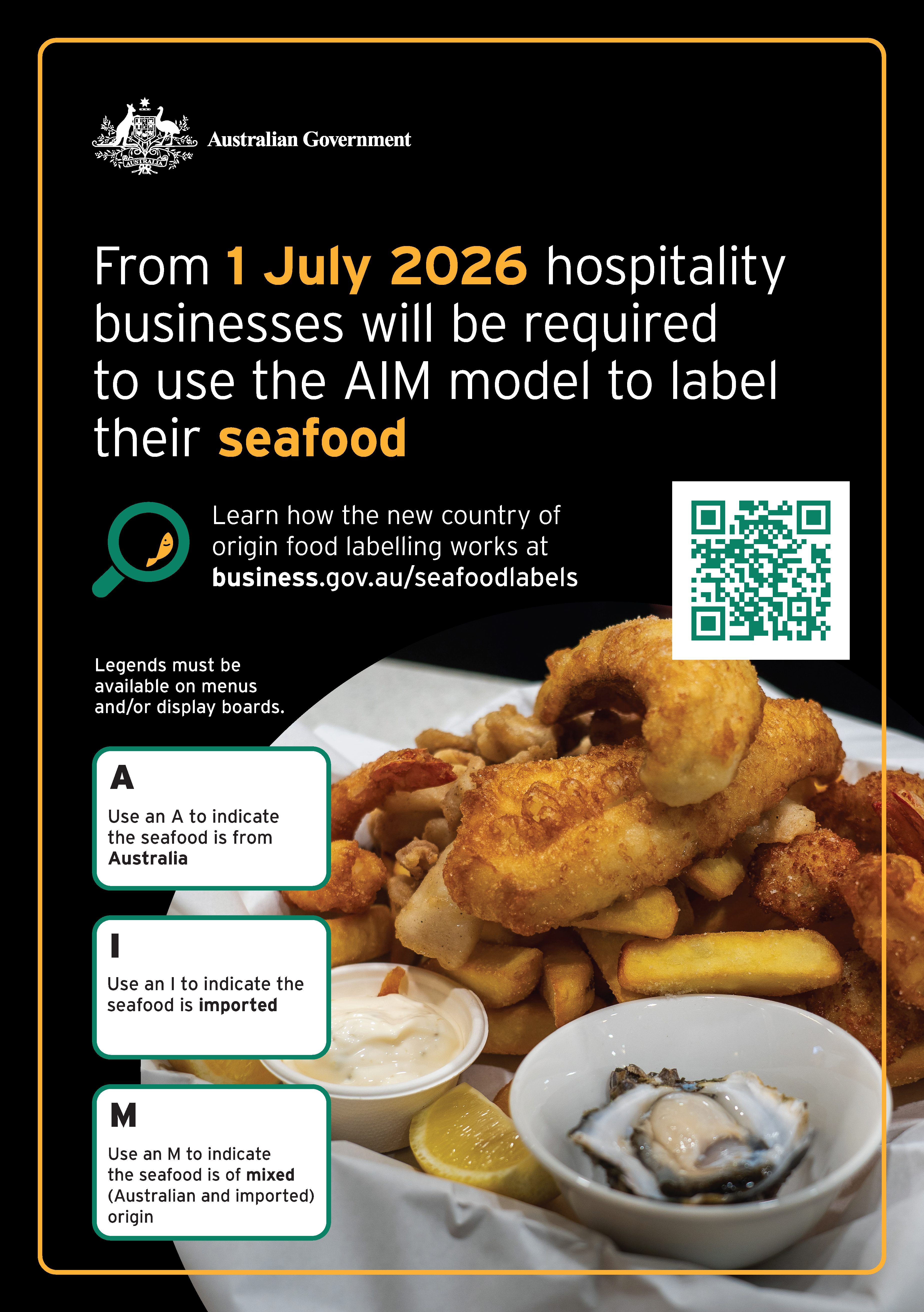 Poster explaining Country of Original labelling requirements for seafood