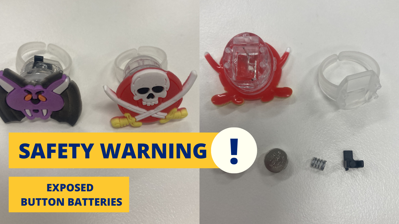 Side by side Image of plastic halloween themed rings and then ring separated with loose button battery